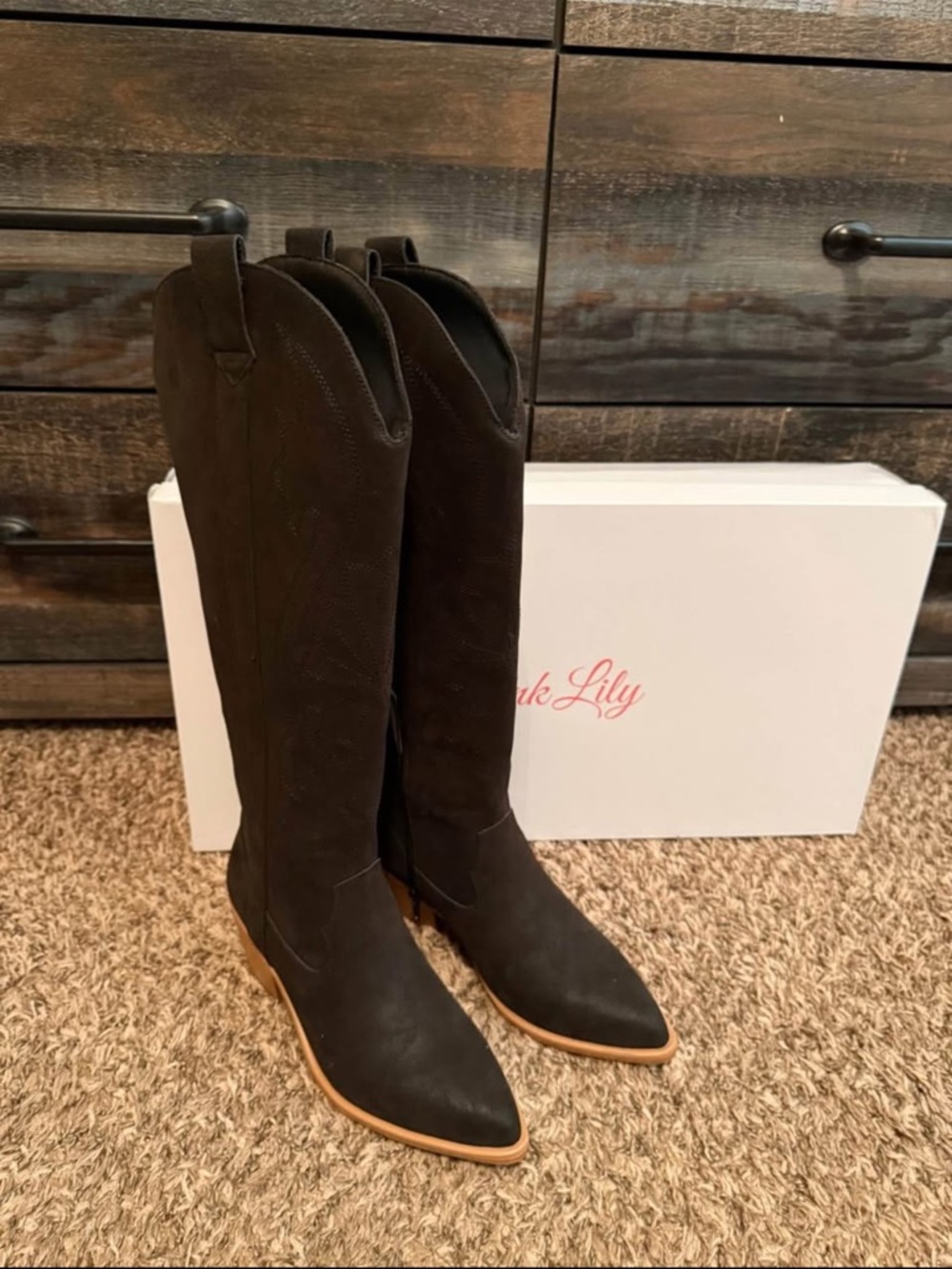Pink Lily Black Over-the-Knee Western Boots